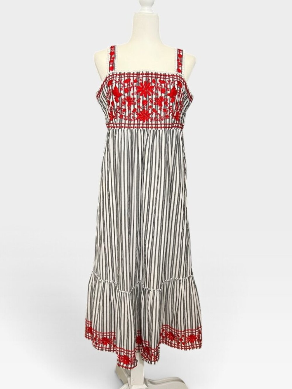 Kate Spade Broome Street Embroidered Striped Midi Dress XL Boho Cottagecore